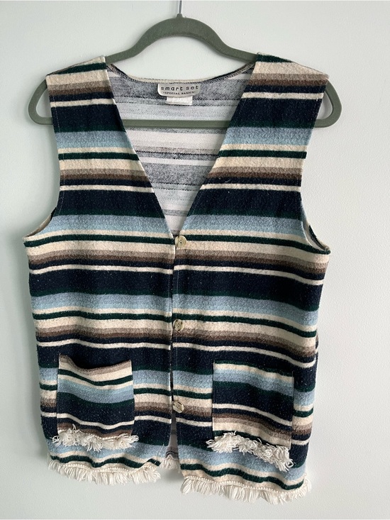Smart Set Tops - Vintage Coastal Cowgirl Striped Fringe Button-Front Vest Y2K Surfer Tapestry